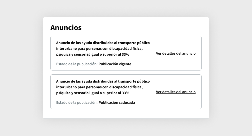 Sección de anuncios de un trámite donde figuran dos anuncios para ver el detalle.