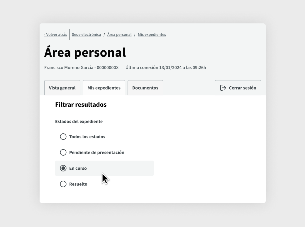 Área personal, la pestaña de Mis expedientes está seleccionada. Se muestra el filtro Estados del expediente y está seleccionado En curso.