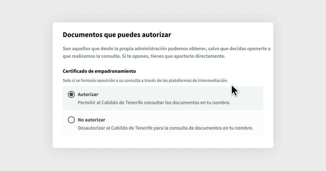 En documentos que puedes autorizar en el proceso de tramitación, la opción Autorizar está seleccionada para un documento