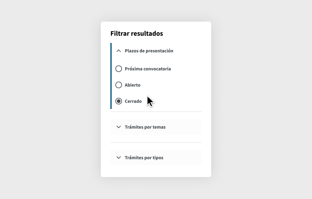 Panel de filtros en la búsqueda de trámites con plazos de presentación desplegada y seleccionada la opción cerrado.