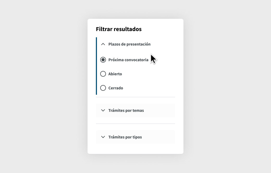 Panel de filtros en la búsqueda de trámites con plazos de presentación desplegada y seleccionada la opción próxima convocatoria