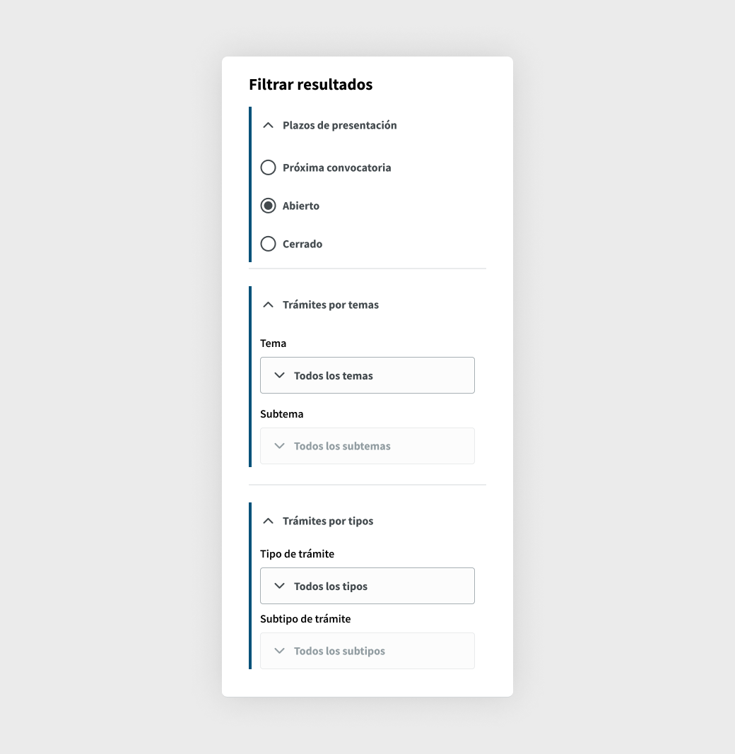 Panel de filtros en la búsqueda de trámites con tres opciones: plazos de presentación, trámites por temas y trámites por tipos