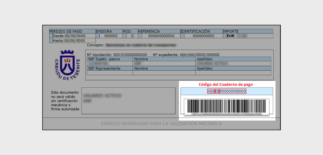 Cuaderno de pago que muestra el código, necesario para realizar el pago, marcado en rojo encima del código de barras.