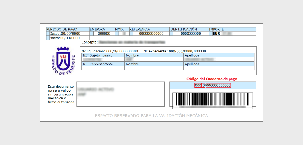 Cuaderno de pago que muestra el código necesario para realizar el pago, marcado en rojo encima del código de barras.