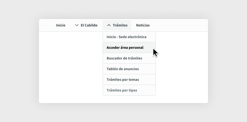 Menú con la opción Trámites desplegada y 'Acceder área personal' resaltada con un cursor encima