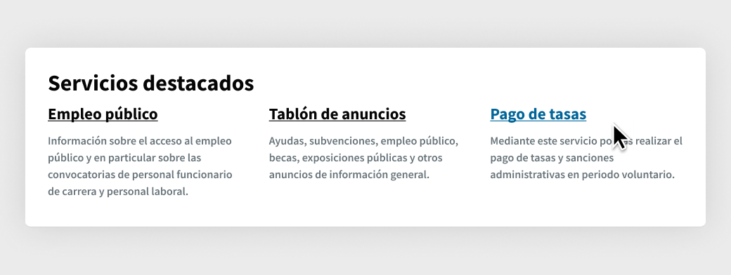 Apartado de “Servicios destacados” en la página de inicio de la Sede Electrónica. El cursor está pulsando sobre “Pago de tasas”.