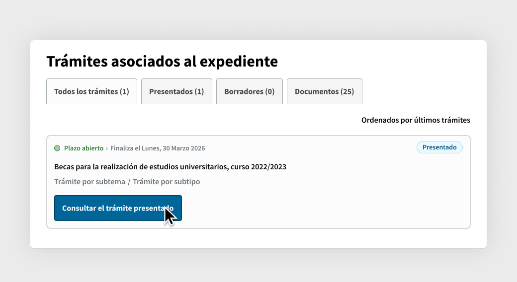El cursor encima de un trámite presentado pulsando sobre el botón Consultar el trámite presentado.