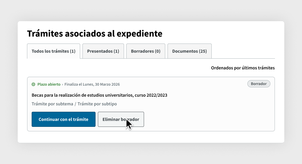 El cursor encima de un trámite no presentado pulsando sobre el botón Eliminar borrador.