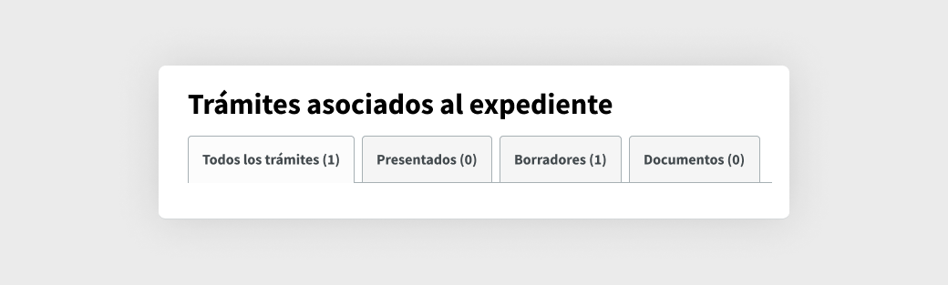 Cuatro pestañas: Todos los trámites, Presentados, Borradores y Documentos. Seleccionada la pestaña Todos los trámites