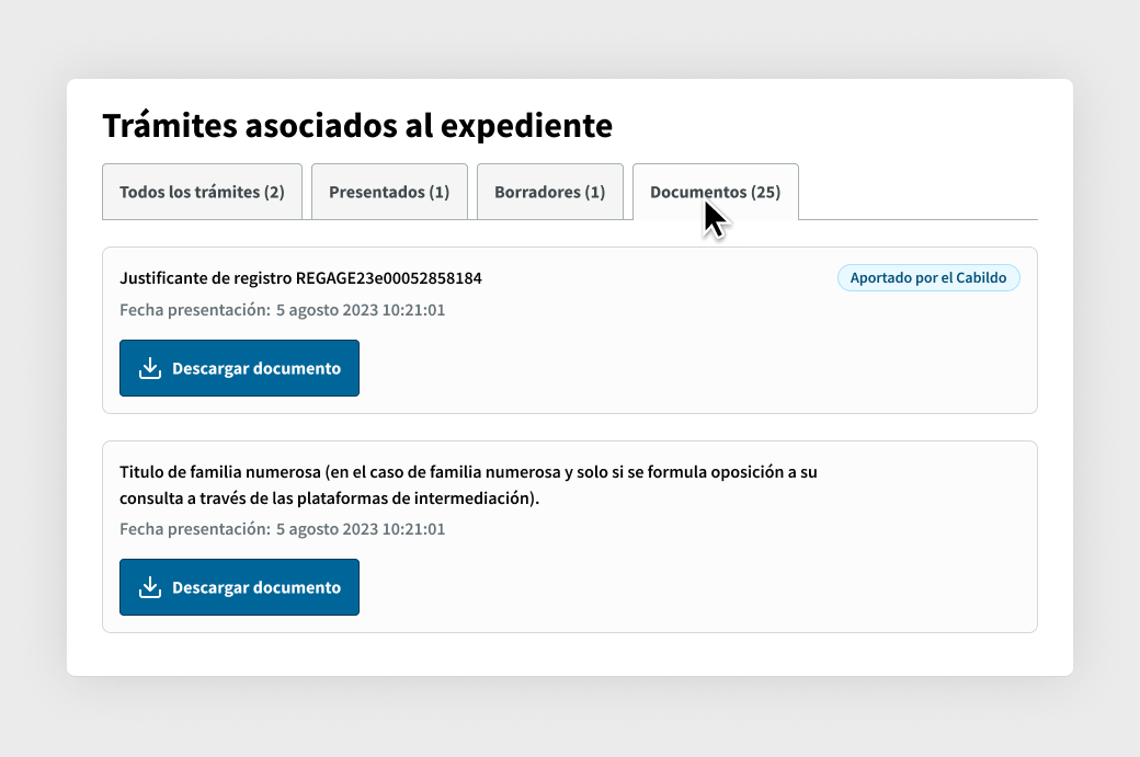 El cursor encima de la pestaña Documentos en la sección Trámites asociados al expediente